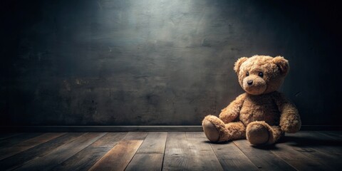 lonely teddy bear sitting in a dark room, representing childhood trauma and mental health struggles 
