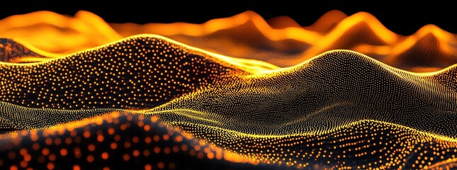  A close-up of digital waves and dots, forming the shape of undulating hills on a black background. 