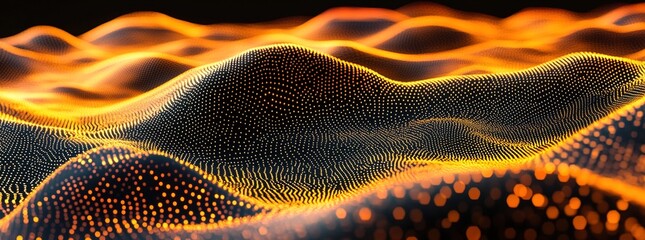  A close-up of digital waves and dots, forming the shape of undulating hills on a black background. 