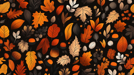 Poster - Seamless pattern featuring a variety of autumn leaves and acorns in shades of orange, yellow, brown, and cream on a dark background. Perfect for seasonal designs.