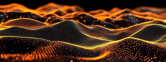  A close-up of digital waves and dots, forming the shape of undulating hills on a black background. 