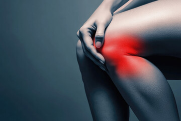 A woman holding her knee in pain with a red color overlay on the area of an anatomy poster for 