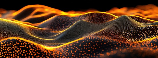  A close-up of digital waves and dots, forming the shape of undulating hills on a black background. 