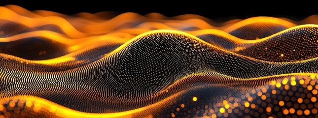  A close-up of digital waves and dots, forming the shape of undulating hills on a black background. 