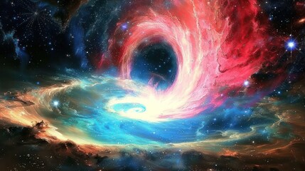 a vibrant cosmic scene depicting swirling galaxies and a black hole.