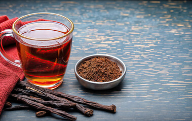 a cup of cinnamon tea and a bowl of cereal placed on a table.