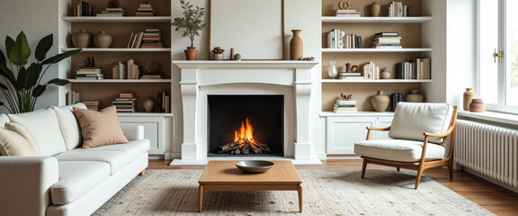 Canvas Print - Cozy Living Room with Fireplace and White Sofa