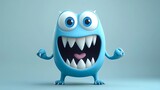 A blue cartoon monster with large eyes, sharp teeth, and claws is shown with a wide open mouth and a big smile.