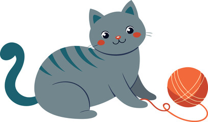 Wall Mural - A cartoon cat is sitting on a white background with a ball of yarn in its mouth. The cat appears to be happy and playful, as it is holding the yarn in its mouth