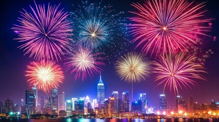 Wall Mural - Cityscape with Colorful Fireworks Display over Water