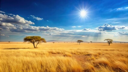 Wall Mural - Wide open savanna with dry grass and hot sun , wild, nature, landscape, wilderness, heat, sunny, grassland, African, safari