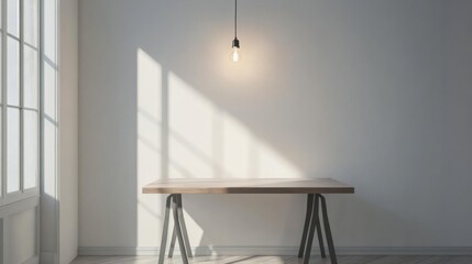 A minimalist workspace with a single pendant light bulb hanging from the ceiling, illuminating a clean, modern desk with simple decor.