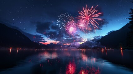 Wall Mural - Fireworks Reflecting in a Mountain Lake at Night