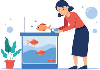 Wall Mural - A woman is cleaning a fish tank with a few fish in it. The fish are orange and there are a total of five of them