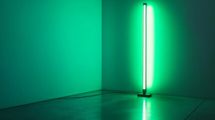 Wall Mural - A bright green light shines from a neon lamp against a plain white wall.