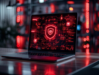 wide shot of a laptop on a desk with red glowing cybersecurity graphics