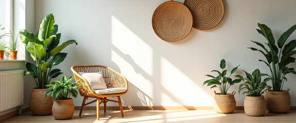 Canvas Print - Cozy Living Room with Wicker Chair and Plants