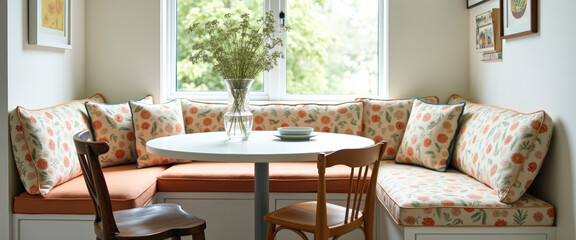 Poster - Floral Patterned Window Seat with White Table and Chairs