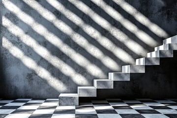 Surreal staircase with checkered floor in moody lighting. Concept of mystery, illusion, and imagination