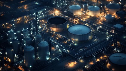 Aerial view of a large industrial facility at night.