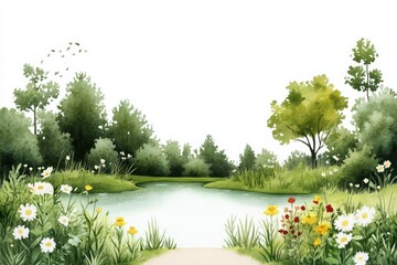 Peaceful landscape featuring a serene pond, lush greenery, and colorful flowers, perfect for nature and relaxation themes.