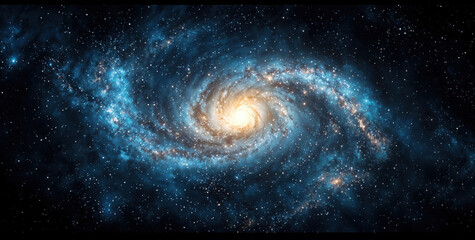 Wall Mural - Spiral galaxy with a bright center is shining brightly in the vast expanse of deep space. High quality photo