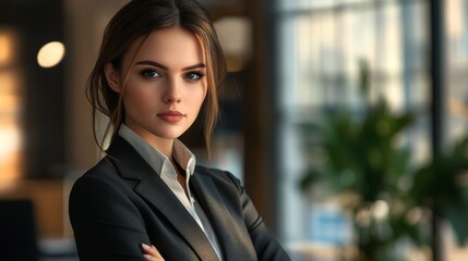 Fototapete - A professional woman in a chic office setting, dressed in business attire and exuding confidence and competence.