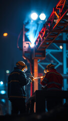 Two Industrial Workers Welding at Night