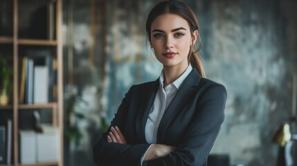 Fototapete - A professional woman in a chic office setting, dressed in business attire and exuding confidence and competence.