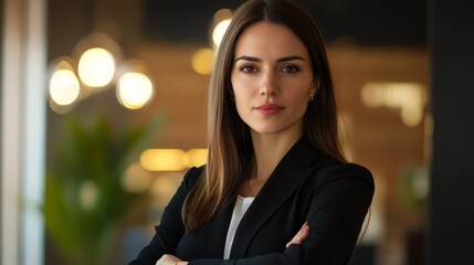Fototapete - A professional woman in a chic office setting, dressed in business attire and exuding confidence and competence.