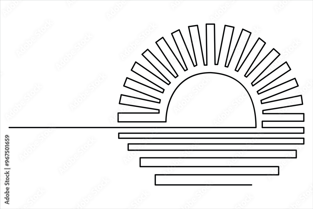 Continuous single line of sunset drawing outline vector art ...