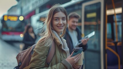 Young woman with mobile phone and coffee cup in hand, walking towards city bus at the station while smiling man holding digital tablet is waiting for her on background. City life concept