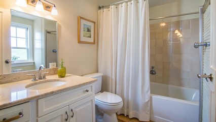 Modern Bathroom with White Shower Curtain, Bathtub, and Vanity