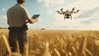 © S.W. - A high-tech drone equipped with cameras and sensors flying over a vast field of wheat. Below, detailed aerial images of the crops are displayed on a tablet held by a farmer.