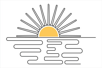 Wall Mural - Continuous single line of sunset drawing outline vector art illustration