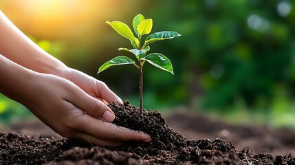 Wall Mural - Hands plant a sapling in soil against a green background, highlighting the beauty of new beginnings.