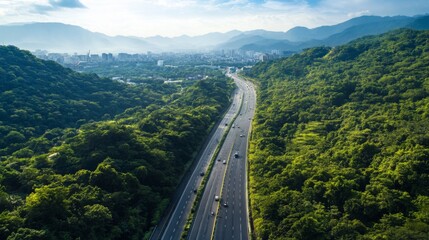 Poster - A scenic shot of an expressway surrounded by lush greenery or natural landscapes, highlighting the contrast between urban and rural areas.