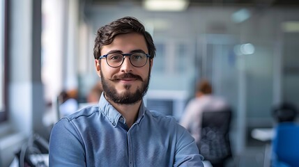 Portrait of a Software Developer in a Blurred Tech Office Background, Portrait Shot, Software Developer, Tech Office Background