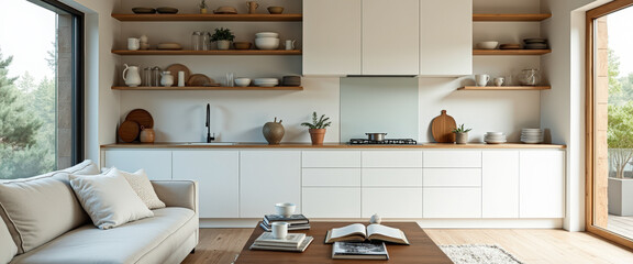 Canvas Print - Minimalist Kitchen Interior with Wooden Shelving and White Cabinets