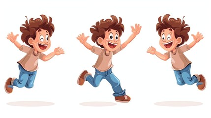 A cartoon boy is jumping for joy in three different poses.