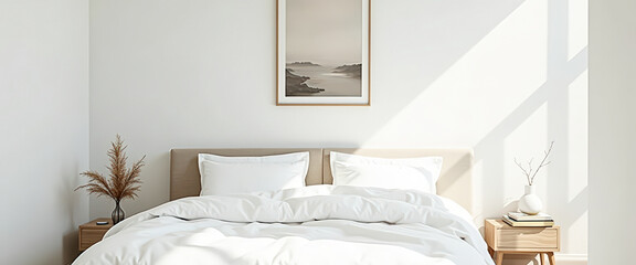 Poster - Minimalist Bedroom with White Bedding and Natural Light