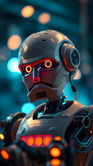 Poster - Close Up of Robot Head with Glowing Eyes and Lights