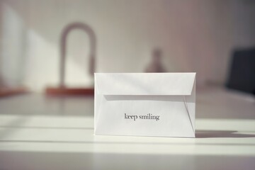 White envelope with 'keep smiling' text on a clean, bright desk.