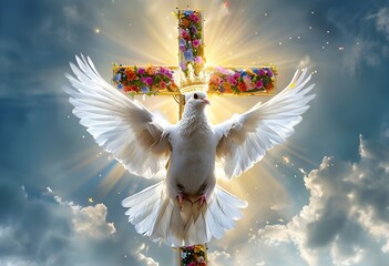 A white dove and a cross decorated with flowers appear in the sky, representing peace and freedom. Jesus and Catholicism concept.