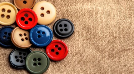 A variety of vibrant buttons create a colorful border on a linen texture, featuring the word Sewing in the center and ample empty space for branding or advertising