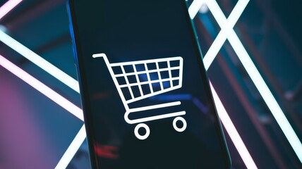 Wall Mural - Shopping cart on mobile phone screen with neon lights, e-commerce and online shopping concept, dark background