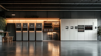 Canvas Print - Modern industrial control room with multiple electronic control panels and equipment in a neatly organized setting. Industrial lighting and greenery add to the ambiance.