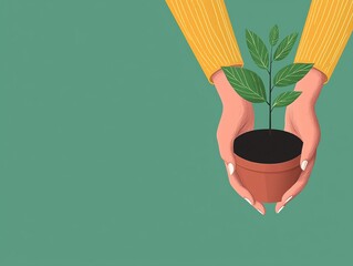 Hands holding young plant, symbol of growth, flat design illustration