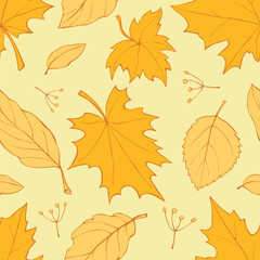 Wall Mural - Seamless pattern falling leaves. Vector autumn yellow golden texture isolated, flat doodle style, outline. Concept of forest, leaf fall, nature, seasons