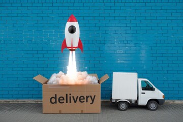 Rocket taking off from cardboard box, word delivery written on box, brick wall in background and delivery truck, logistics concept.